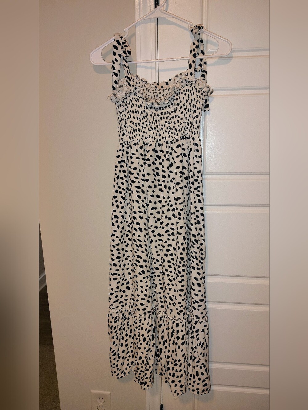 White and Black Spotted Smocked Maxi Dress